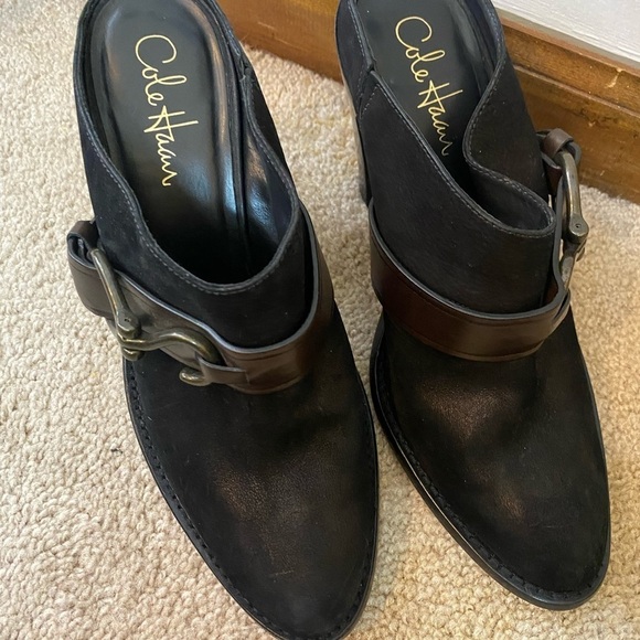 Cole Haan Horse Bit and Bridle Black Suede Heeled Clogs - Picture 1 of 7